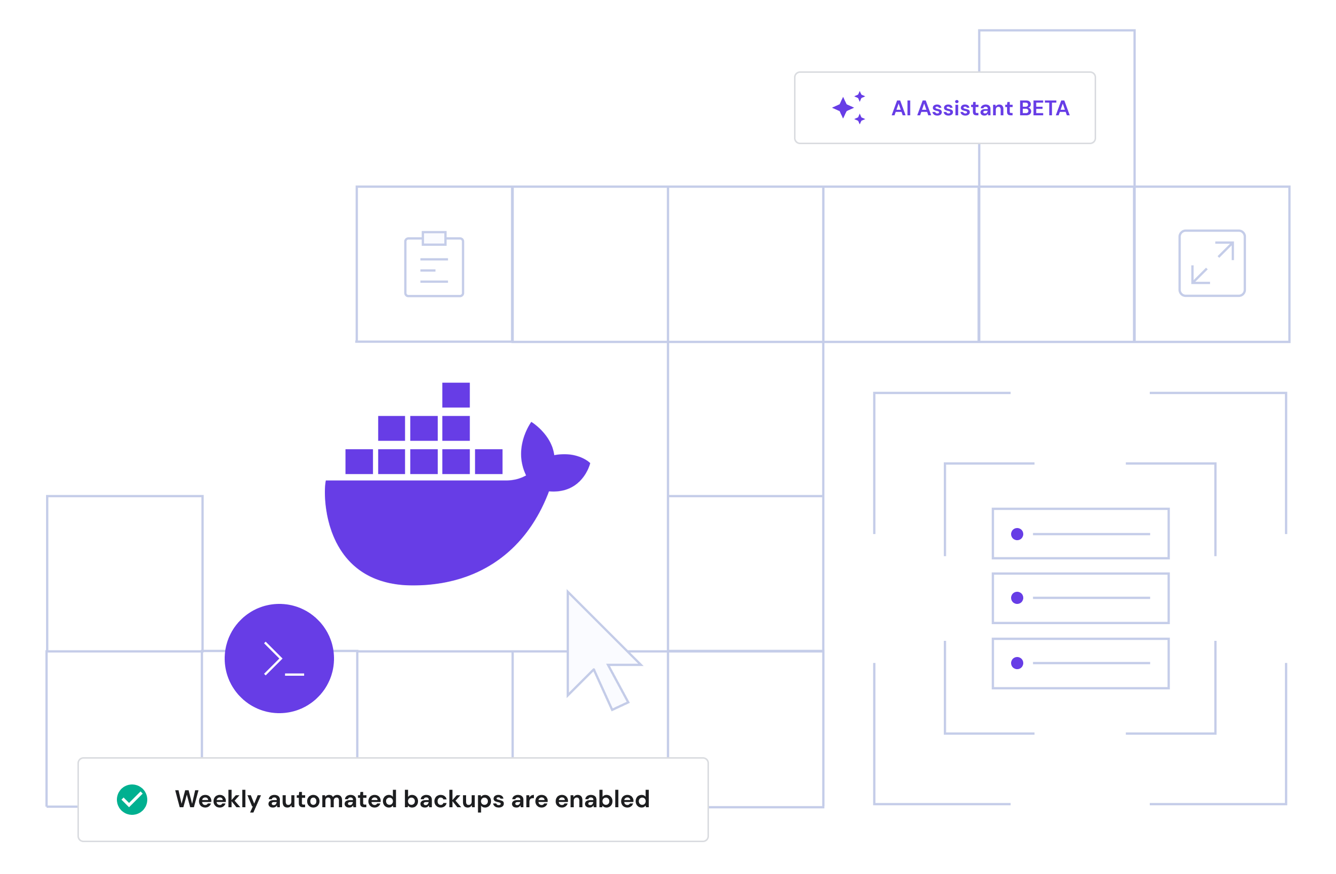 Docker Hosting with AI assistant and weekly automated backups